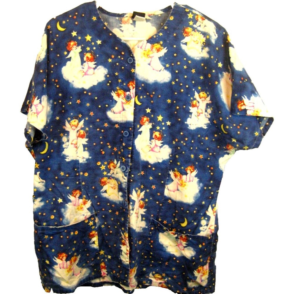 Womens  Barco Navy Blue w Angels  SS Medical Scrub Top sz XL